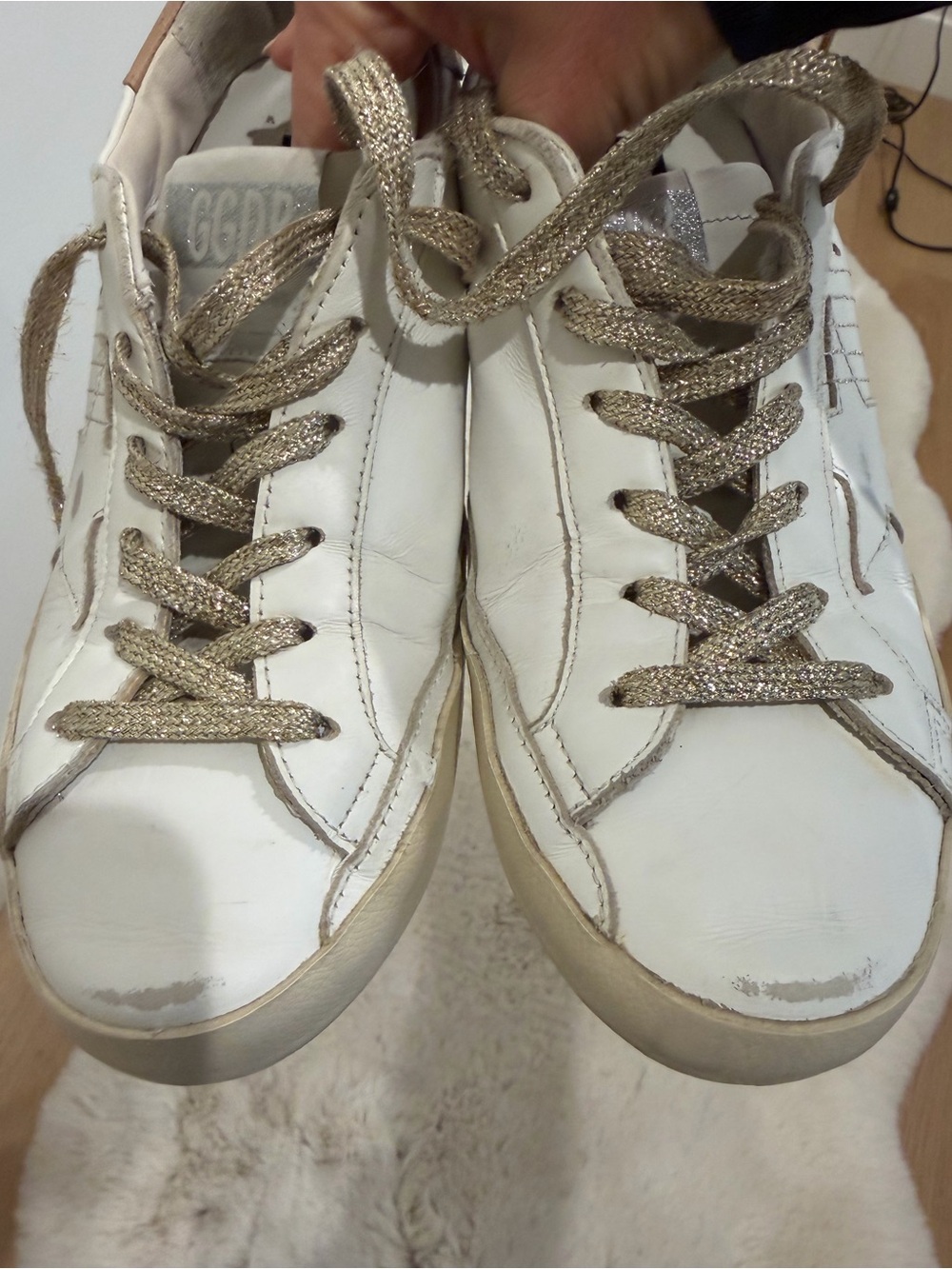 Goldengoose White Leather Women's Sneakers with Glitter Gold Laces